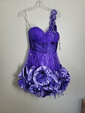 Y2k Purple Tulle Rosette Mini Dress One Shoulder Sz 6